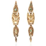 A PAIR OF ANTIQUE CATALAN EMERALD AND DIAMOND EARRINGS, SPANISH CIRCA 1800 in high carat yellow