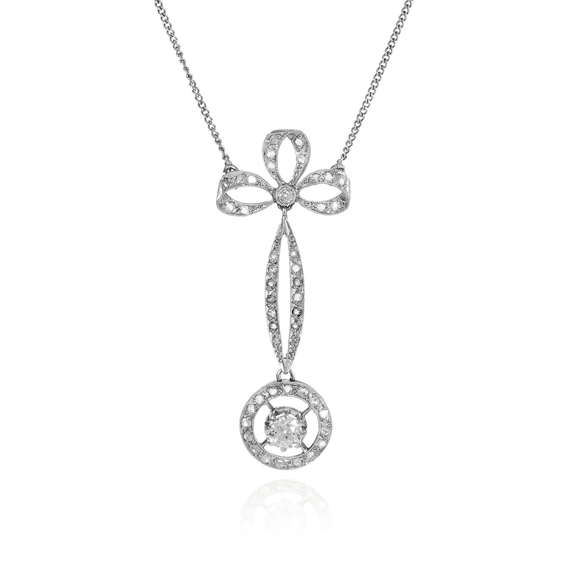 AN ANTIQUE DIAMOND NECKLACE in white gold or platinum, formed of a ribbon and bow motif, set with