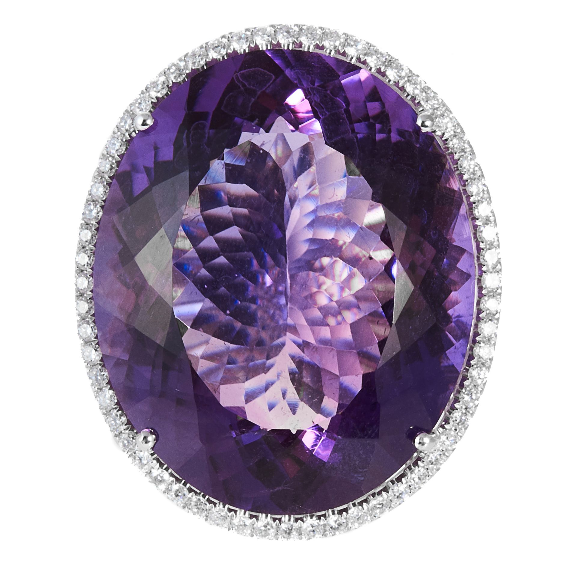 A 45 CARAT AMETHYST AND DIAMOND RING in 14ct white gold, set with a central amethyst of