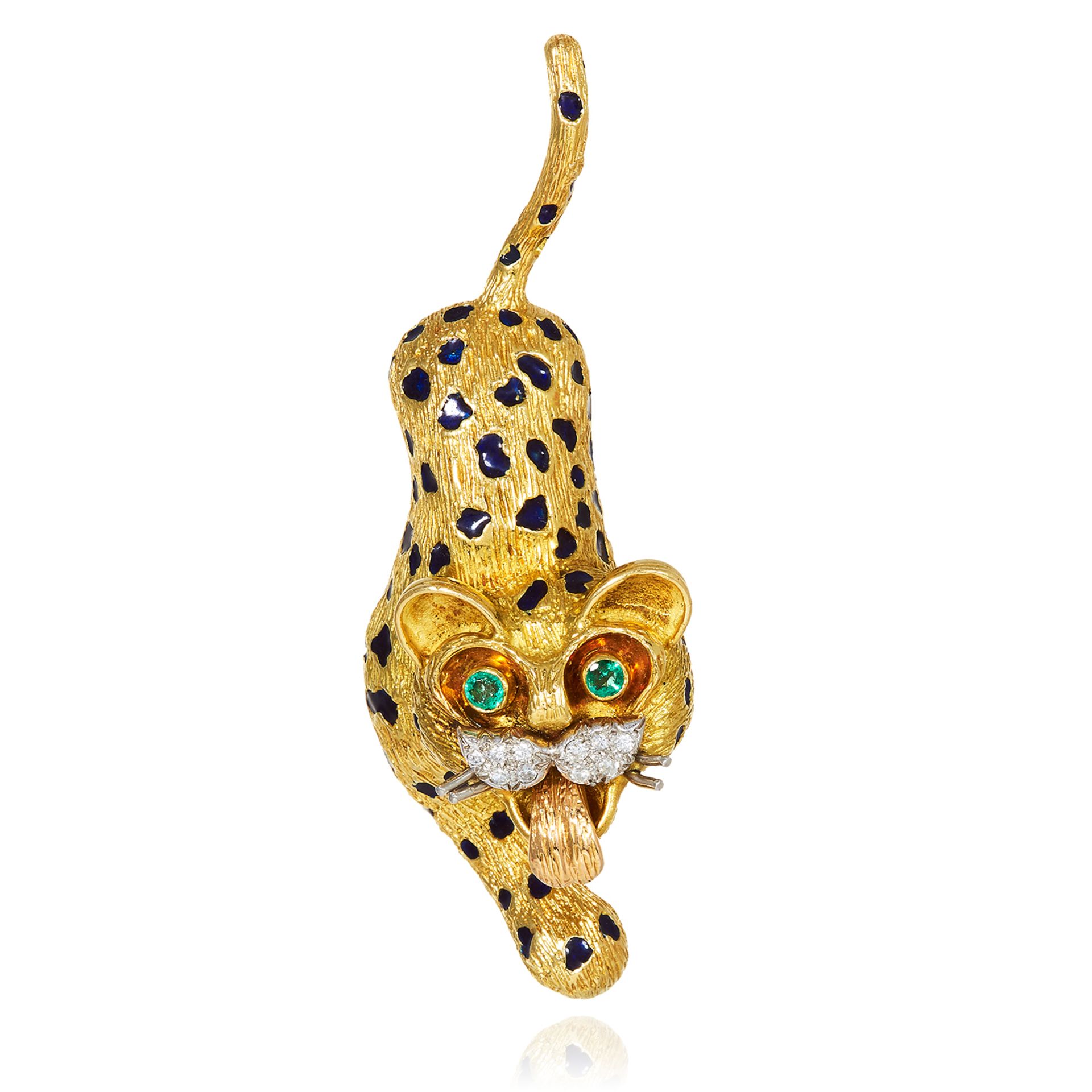 AN EMERALD, DIAMOND AND ENAMEL PANTHER BROOCH, KUTCHINSKY, CIRCA 1967 in 18ct yellow gold,