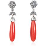 A PAIR OF ANTIQUE CORAL AND DIAMOND EARRINGS in gold and silver, each set with a tapering coral drop