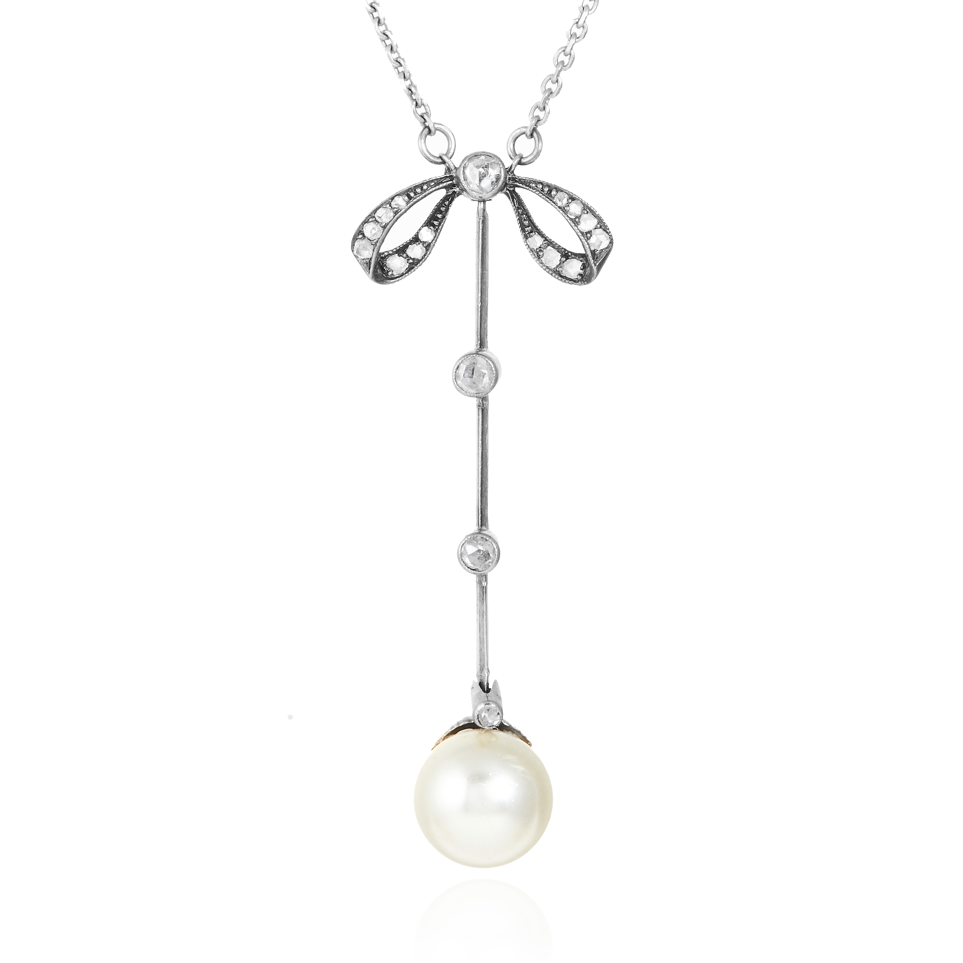 AN ANTIQUE PEARL AND DIAMOND NECKLACE the 9.8mm pearl suspended below a diamond jewelled ribbon