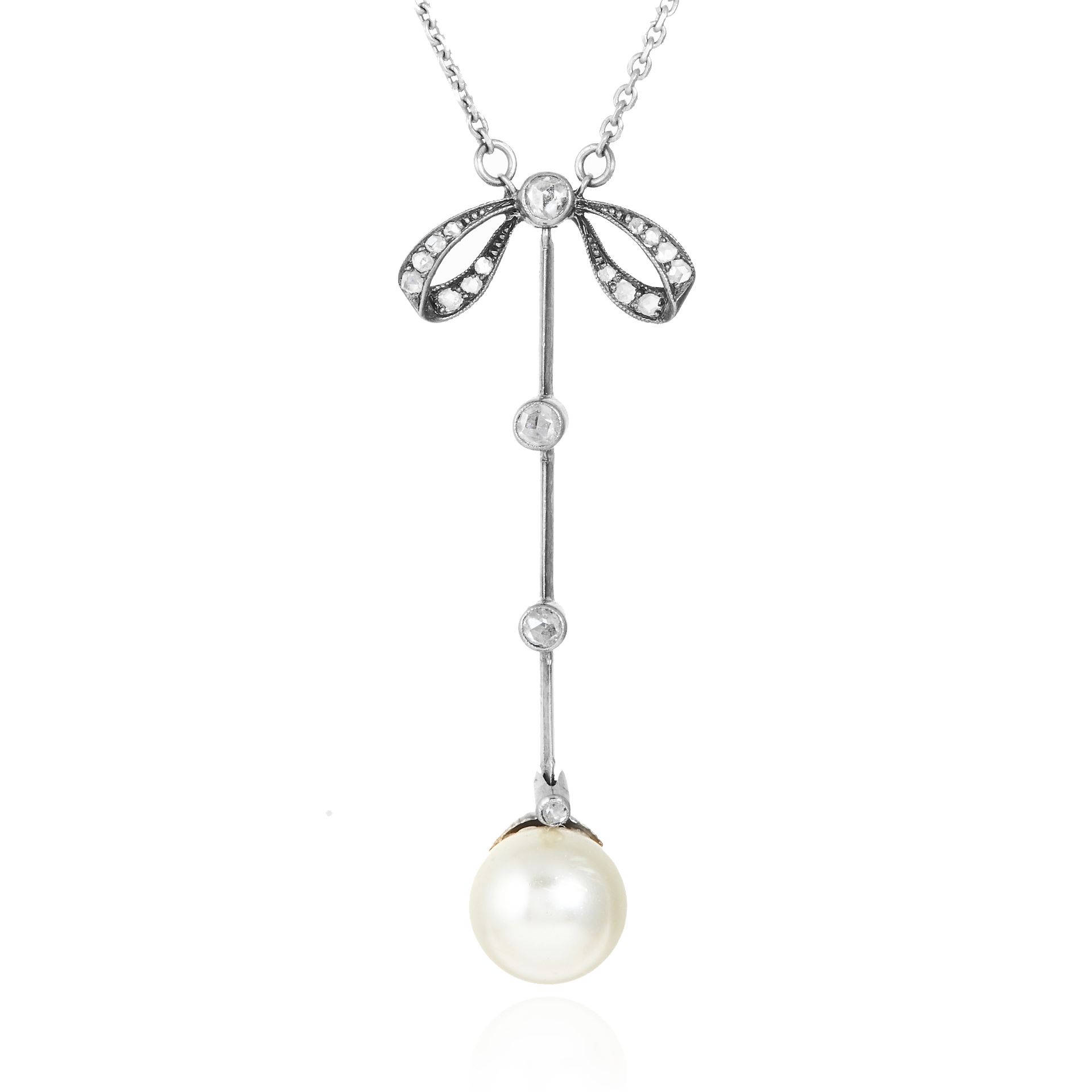 AN ANTIQUE PEARL AND DIAMOND NECKLACE the 9.8mm pearl suspended below a diamond jewelled ribbon