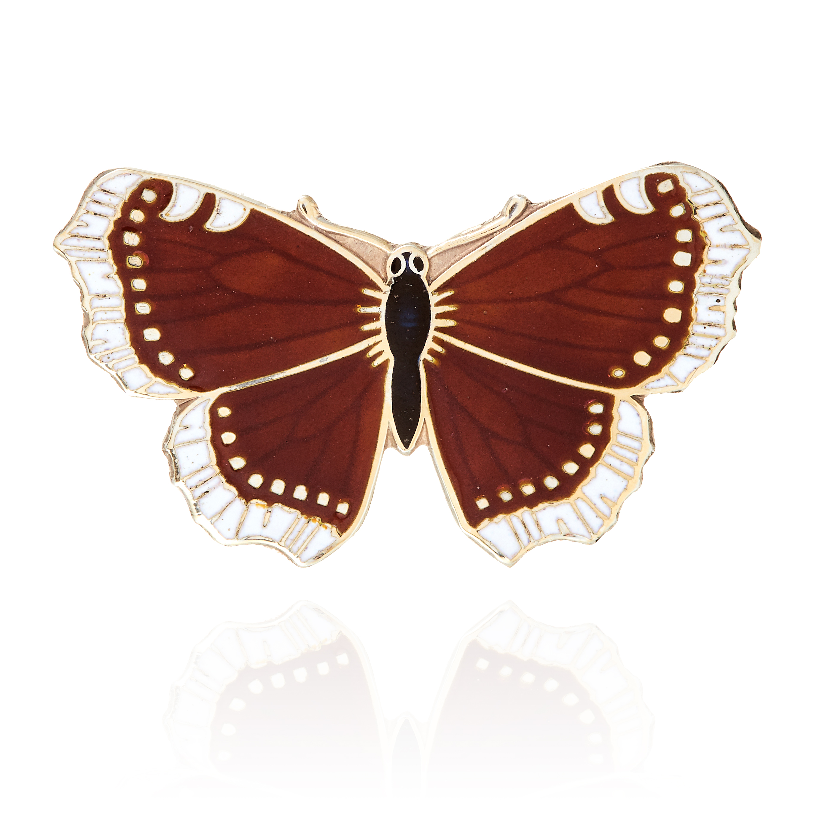 AN ANTIQUE ENAMELLED BUTTERFLY BROOCH in sterling silver, designed as a butterfly, its body