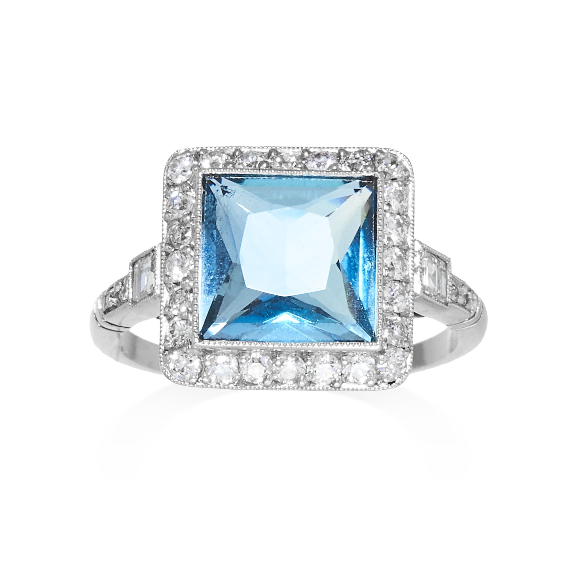 AN AQUAMARINE AND DIAMOND DRESS RING in gold or platinum, set with a square cut aquamarine of