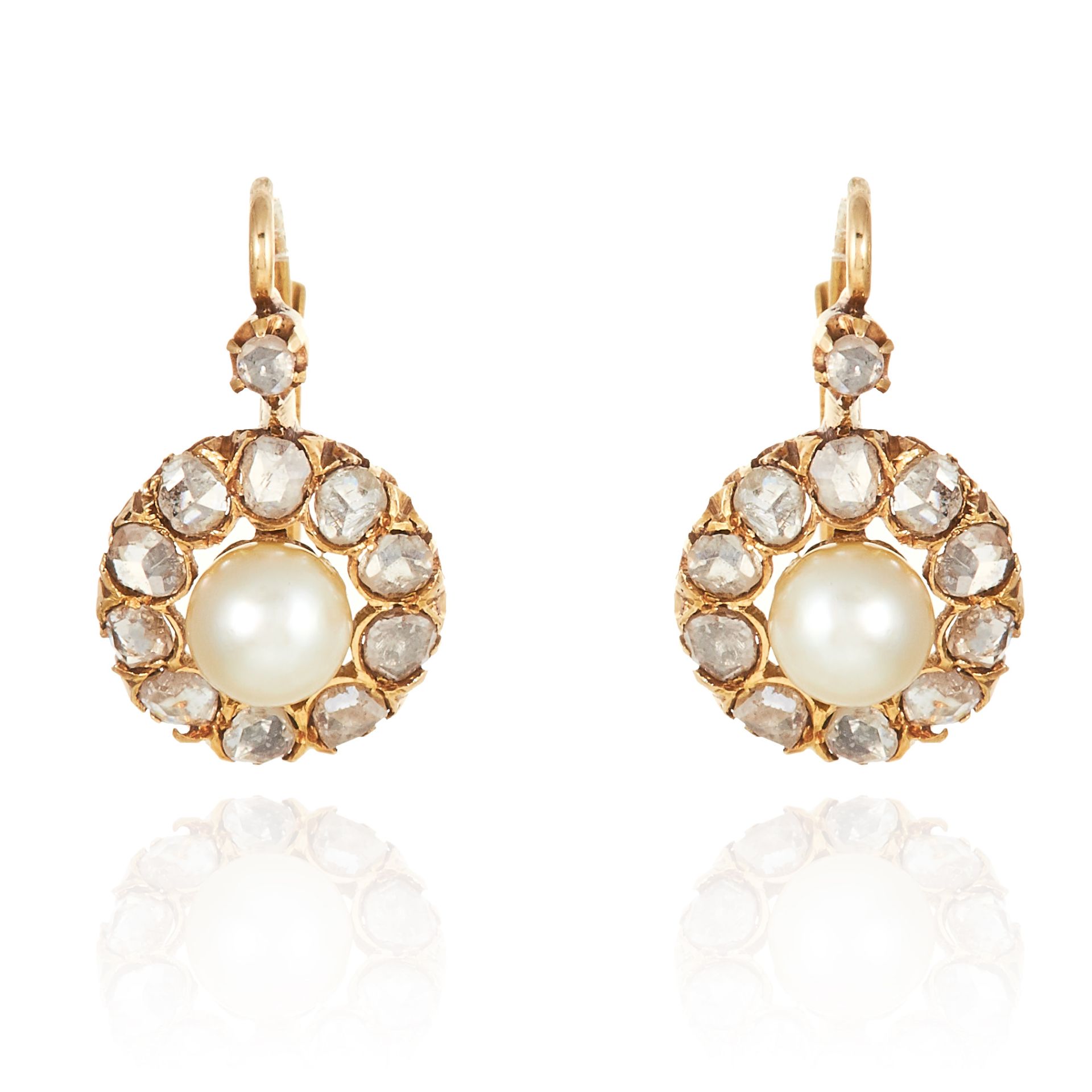 A PAIR OF ANTIQUE PEARL AND DIAMOND CLUSTER EARRINGS in yellow gold, set with a central pearl of