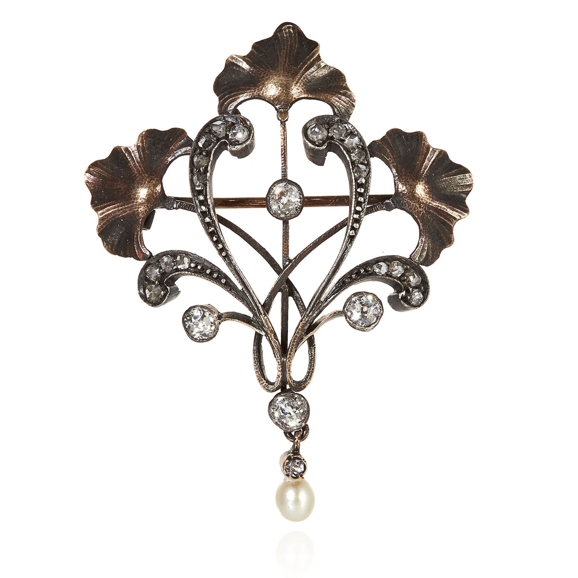 AN ART NOUVEAU DIAMOND AND PEARL BROOCH in foliate design, jewelled with four central round cut