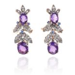 A PAIR OF ANTIQUE AMETHYST, DIAMOND AND SAPPHIRE EARRINGS in yellow gold and silver, the articulated