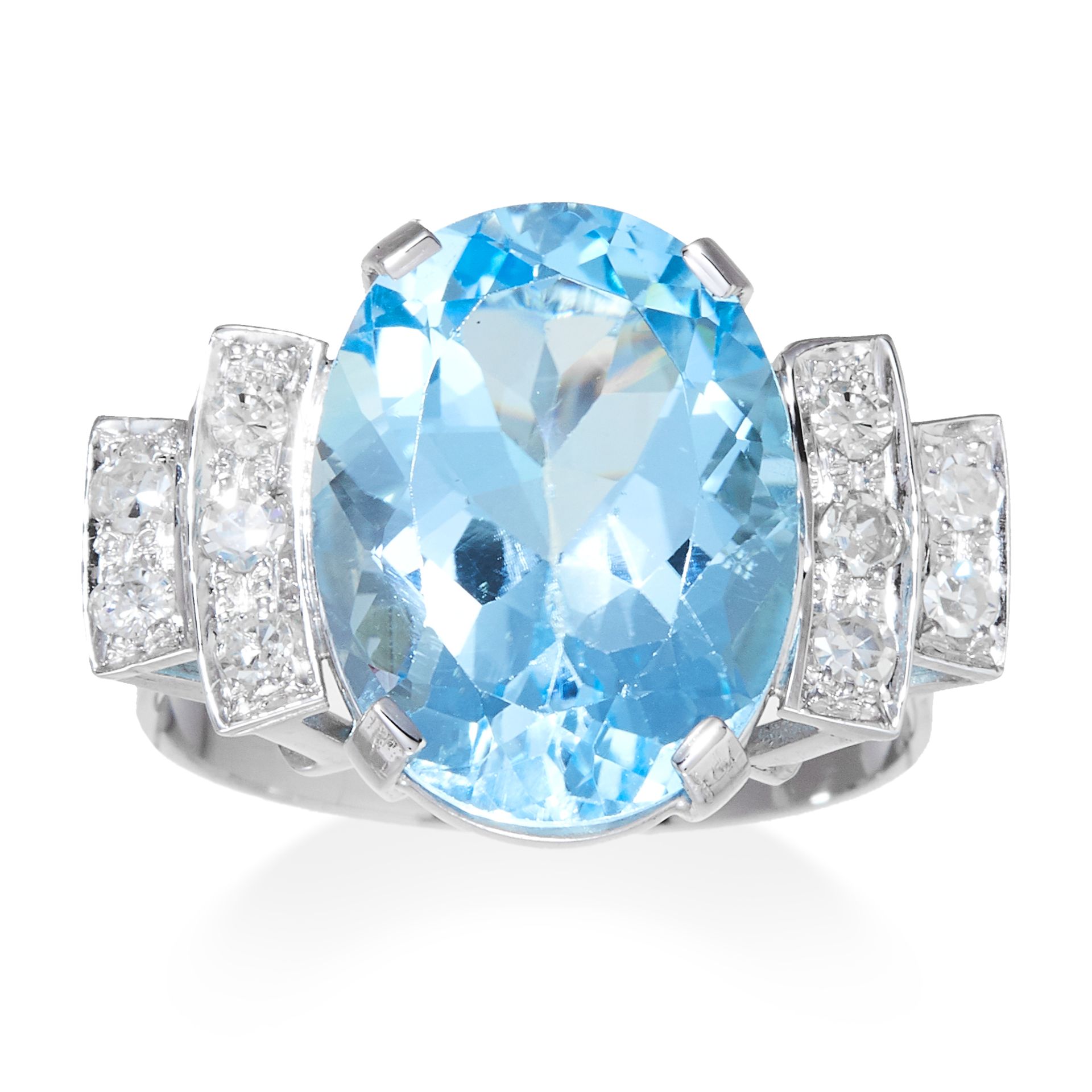 AN ART DECO AQUAMARINE AND DIAMOND RING in platinum or white gold, the oval cut aquamarine of 7.35