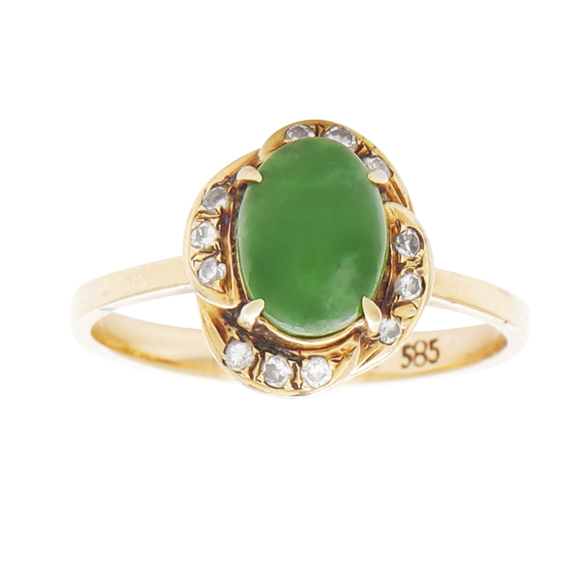 A JADEITE JADE AND DIAMOND RING in 14ct yellow gold, the oval jade cabochon within a stylised