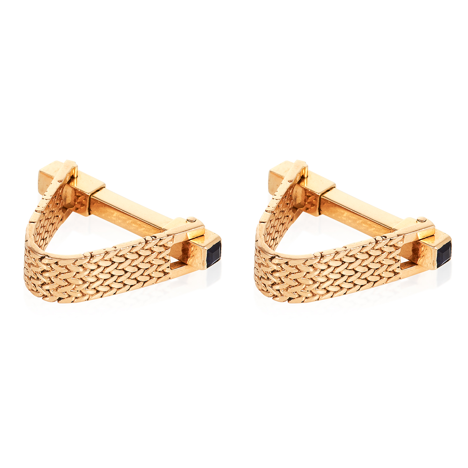 A PAIR OF SAPPHIRE STIRRUP CUFFLINKS in high carat yellow gold, designed as stirrups, jewelled