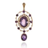 AN ANTIQUE AMETHYST AND PEARL PENDANT in 15ct yellow gold, jewelled with an oval cut amethyst,