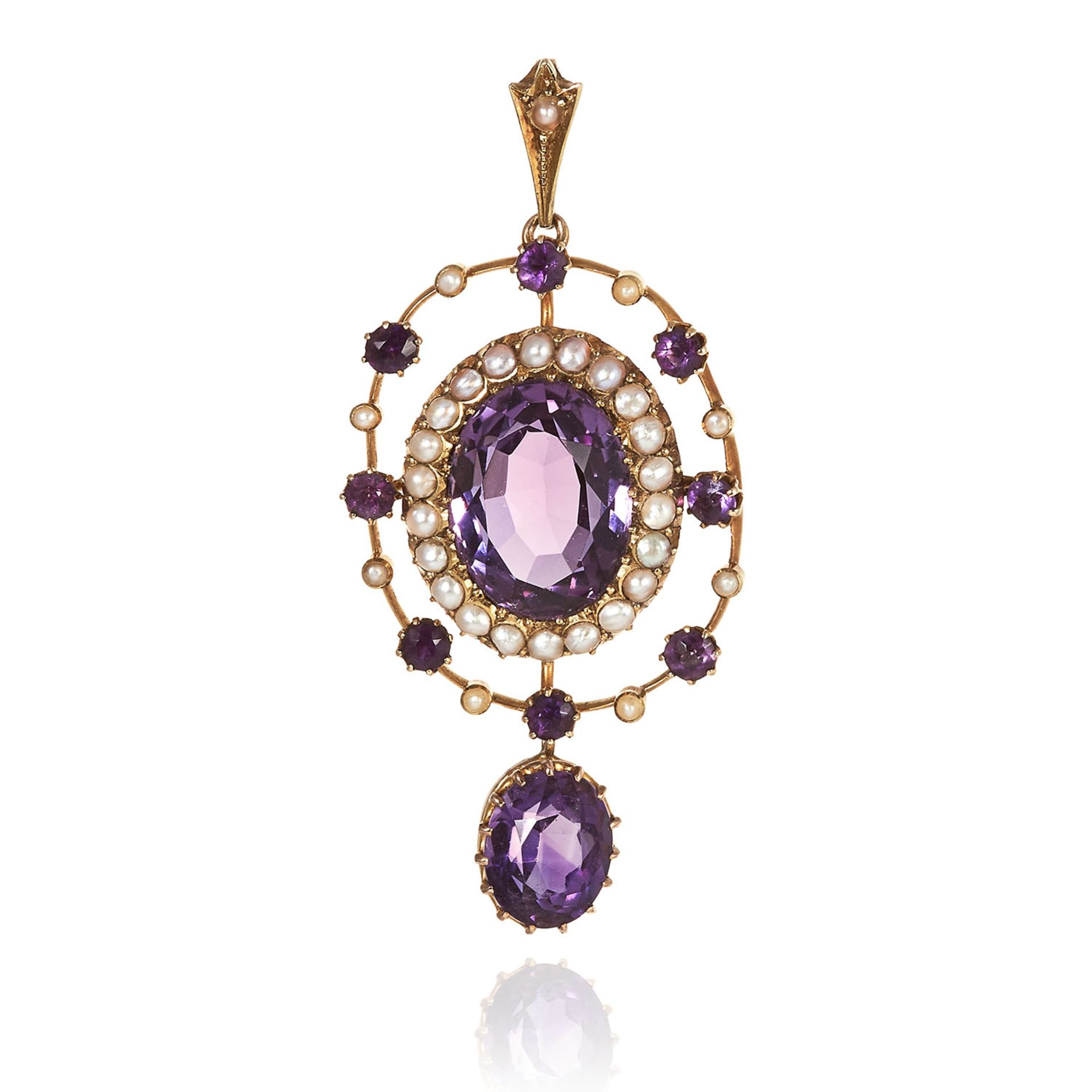 AN ANTIQUE AMETHYST AND PEARL PENDANT in 15ct yellow gold, jewelled with an oval cut amethyst,