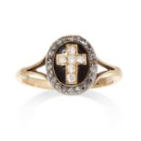 AN ANTIQUE DIAMOND AND ENAMEL CROSS RING in 9ct yellow gold, depicting a diamond studded cross,