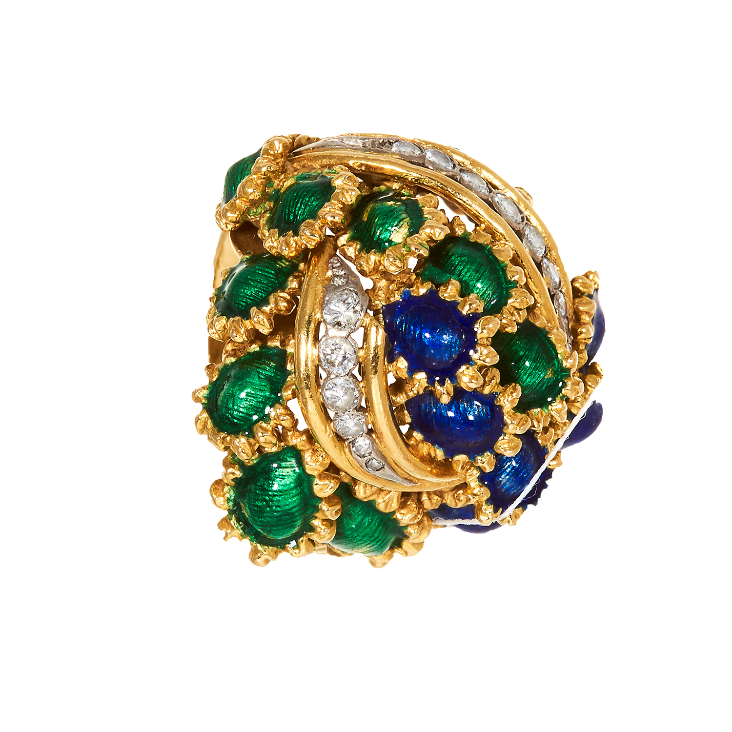 A DIAMOND AND ENAMEL BOMBE RING, KUTCHINSKY, CIRCA 1969 in 18ct yellow gold, jewelled with curved