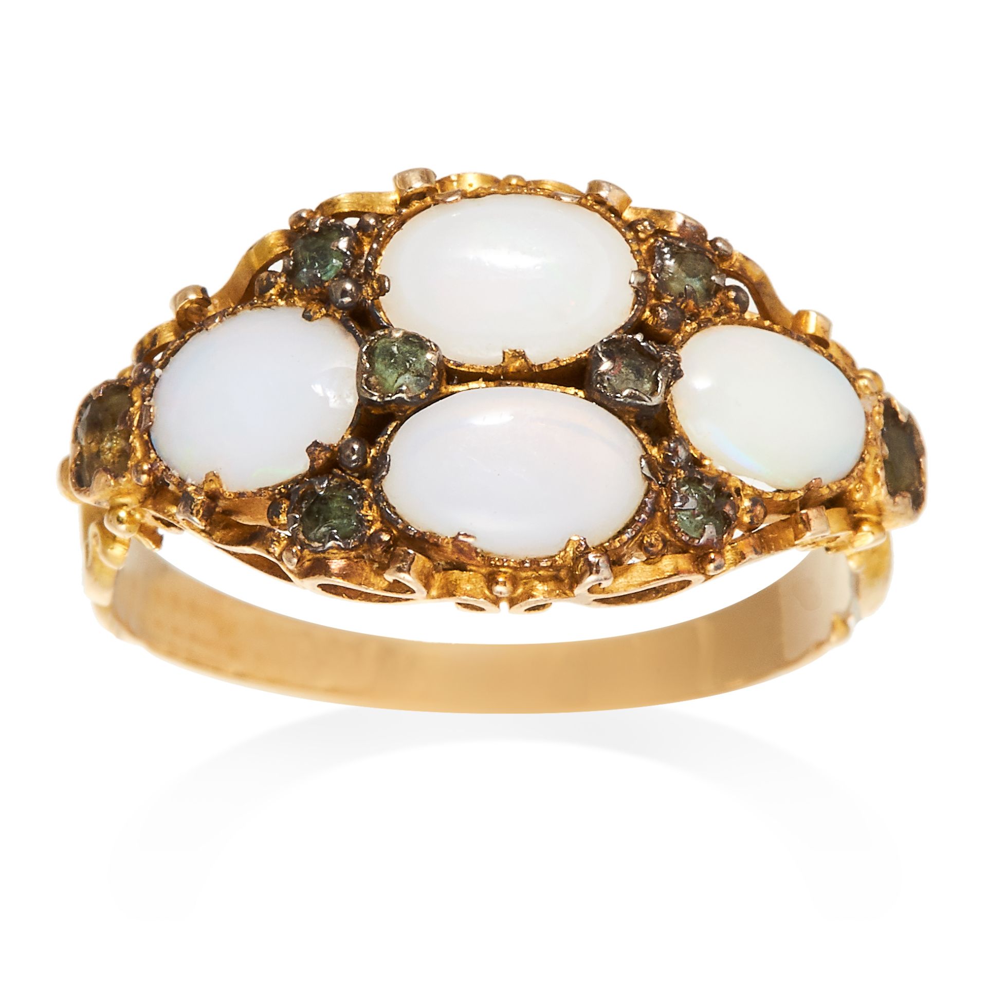 AN ANTIQUE OPAL AND GEM SET RING in high carat yellow gold, set with four oval cabochon opals,