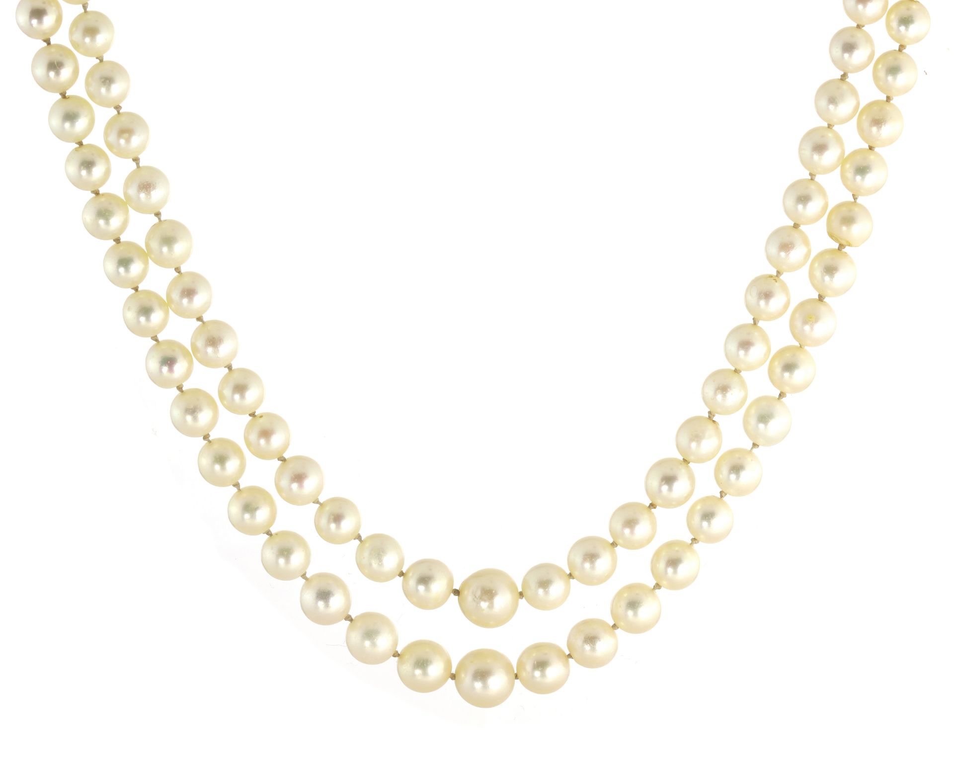 AN ANTIQUE TWO ROW PEARL, DIAMOND AND SAPPHIRE NECKLACE in white gold or platinum, comprising two