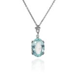 AN AQUAMARINE AND DIAMOND PENDANT in 18ct white gold, with five round cut diamonds suspending an