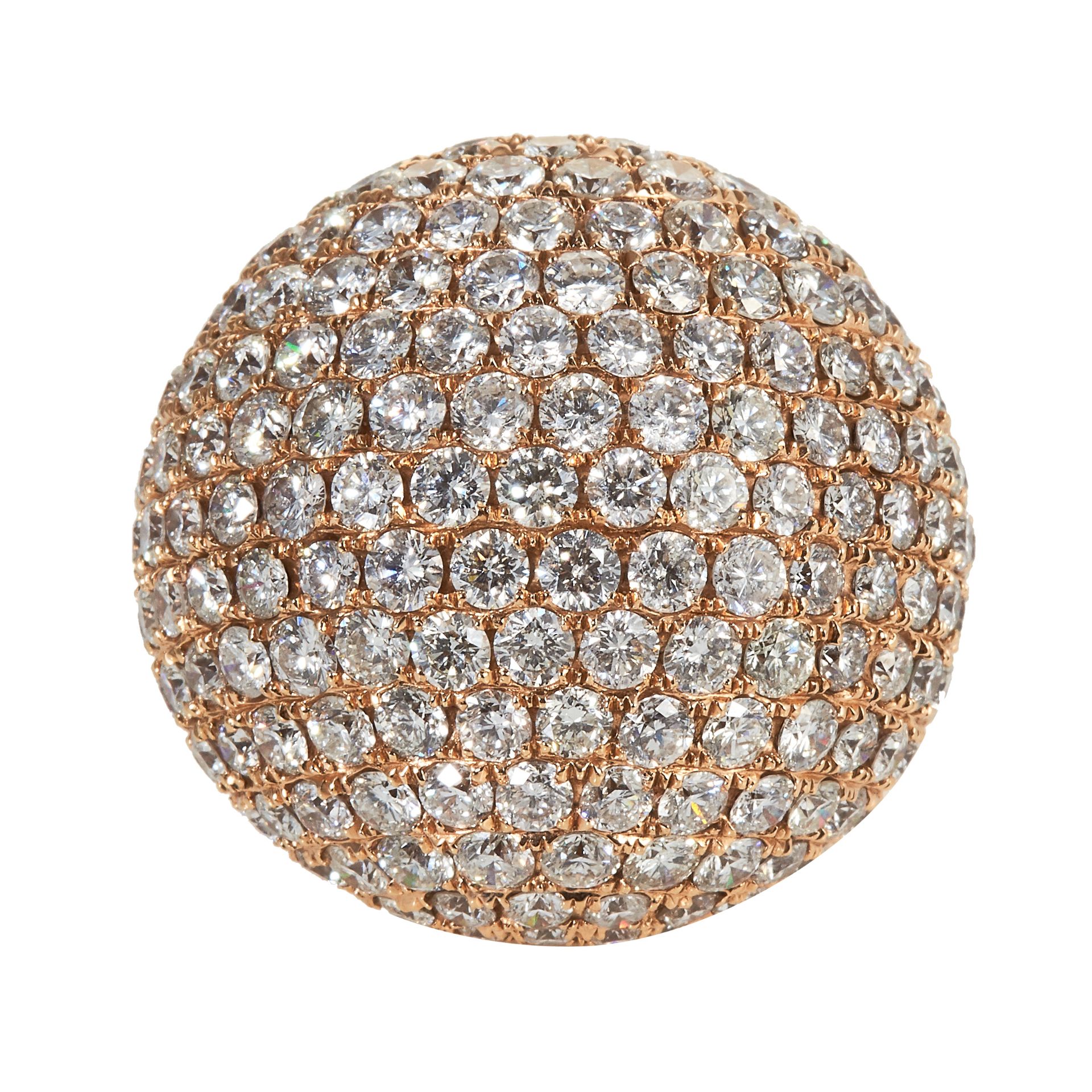 A 13.79 CARAT DIAMOND BOMBE RING in 18ct rose gold, the face jewelled with round cut diamonds