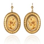 A PAIR OF ANTIQUE CARVED IVORY EARRINGS, in high carat yellow gold, comprising of an ornate gold