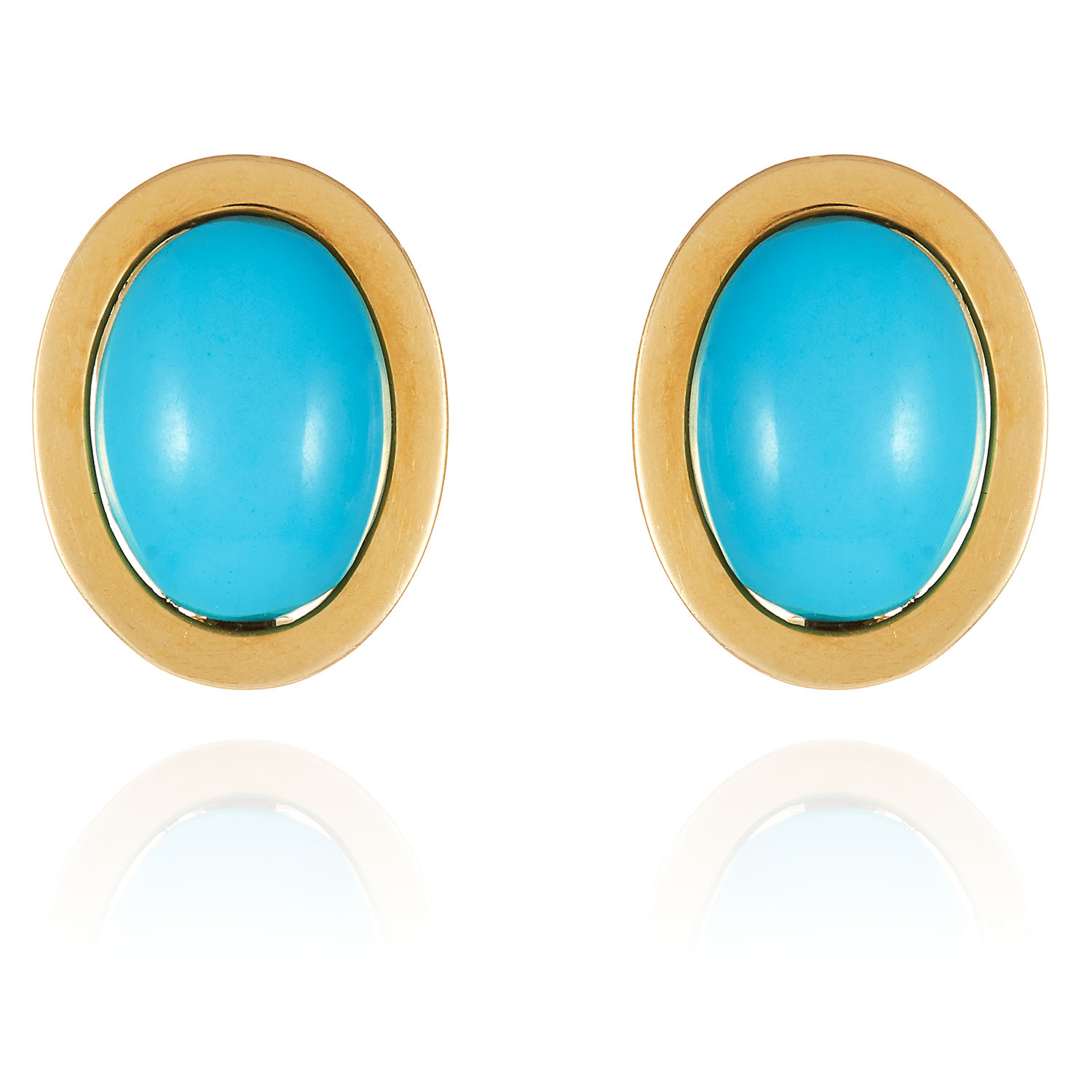 A PAIR OF TURQUOISE EAR CLIPS in 18ct yellow gold, each jewelled with a large cabochon turquoise