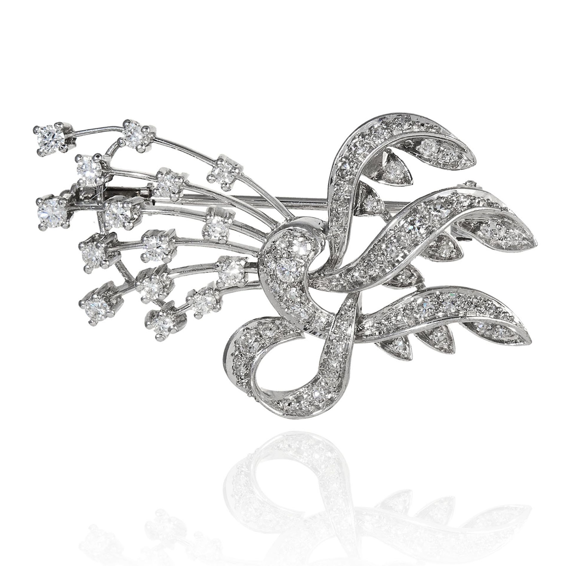 A VINTAGE DIAMOND BROOCH in 18ct white gold, in ribbon motif and bow motif, jewelled with round