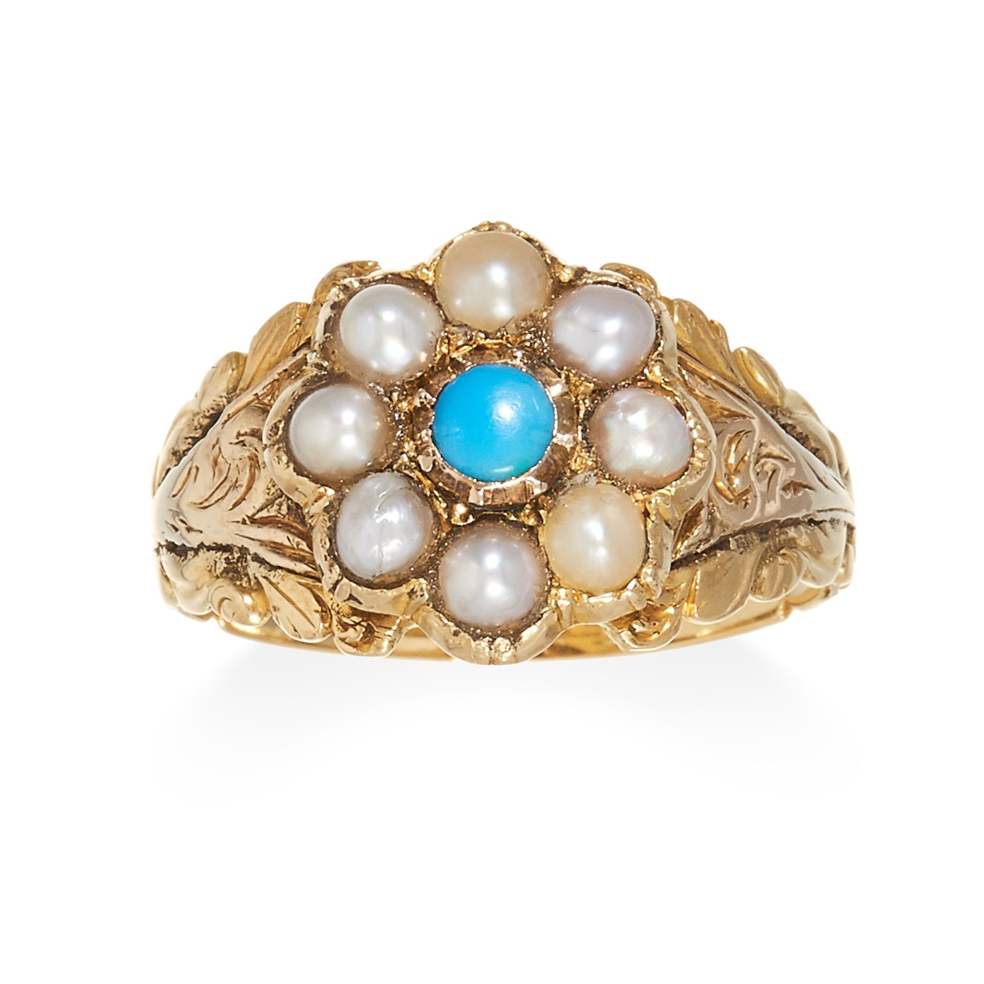 A TURQUOISE AND PEARL MOURNING RING, 19TH CENTURY in high carat yellow gold, set with a turquoise