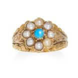 A TURQUOISE AND PEARL MOURNING RING, 19TH CENTURY in high carat yellow gold, set with a turquoise