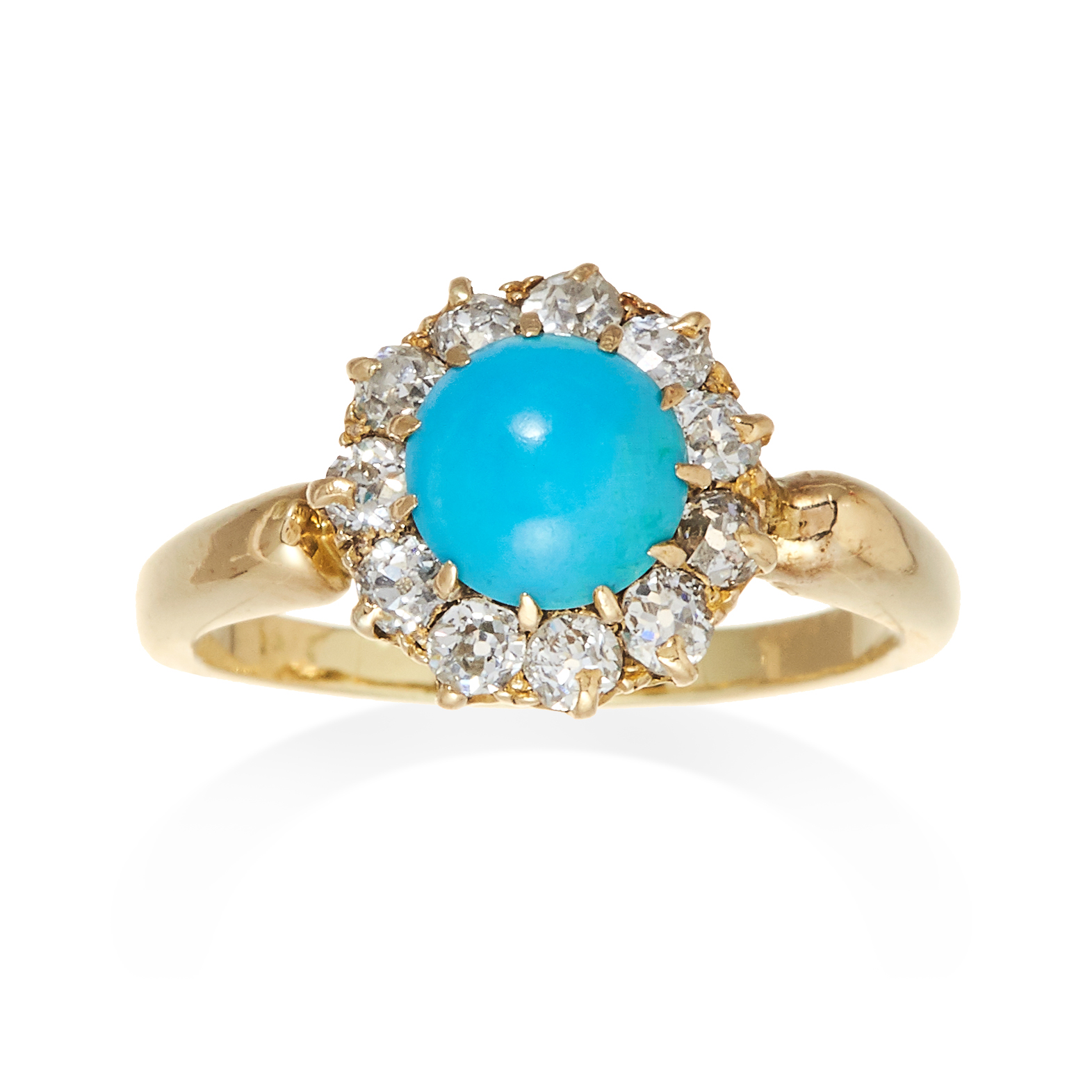 A TURQUOISE AND DIAMOND CLUSTER RING in yellow gold, set with a central cabochon turquoise and