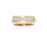 A 1.25 CARAT DIAMOND DRESS RING in 14ct yellow gold, set with eighteen princess cut diamonds