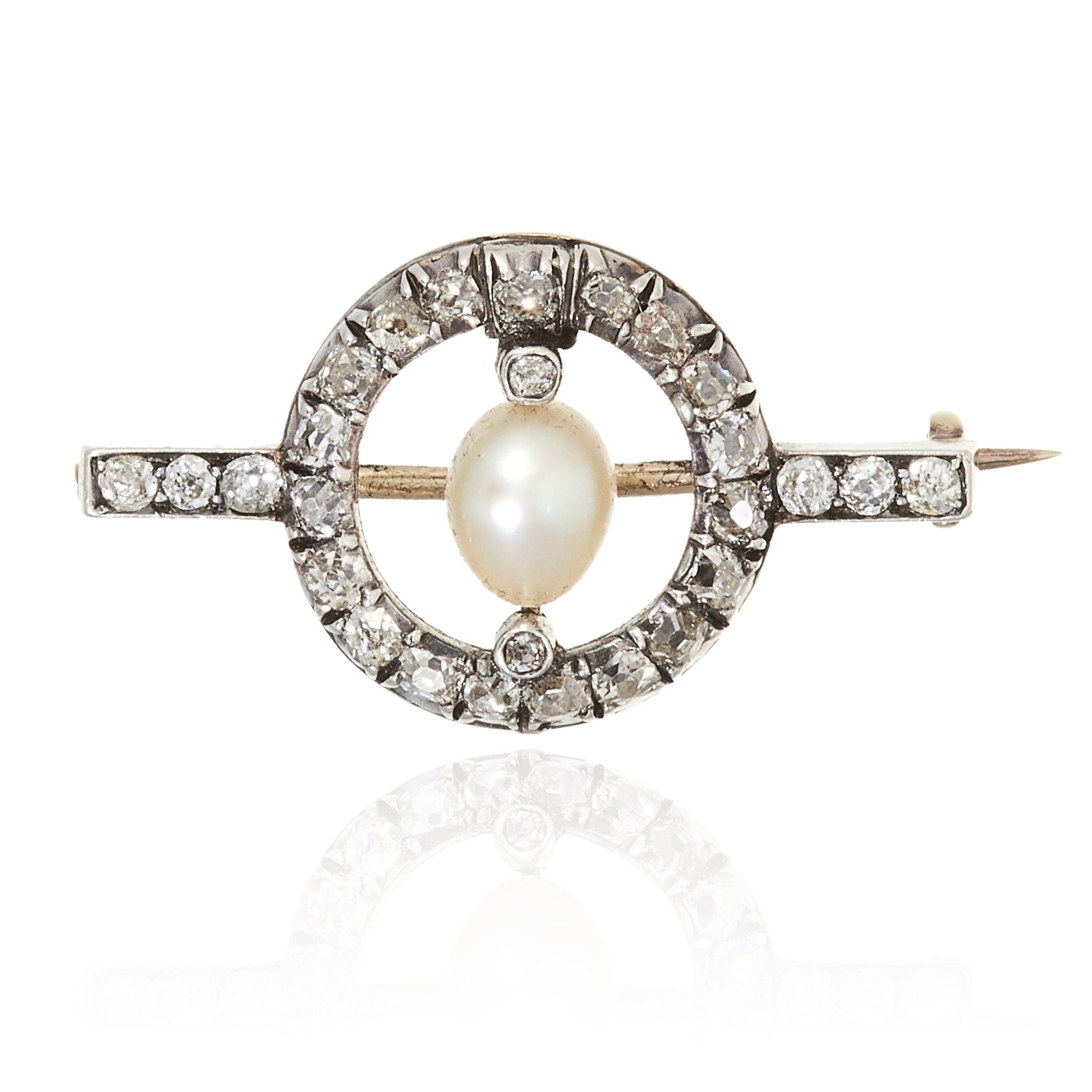 AN ANTIQUE NATURAL PEARL AND DIAMOND BROOCH in gold or platinum, comprising of central pearl