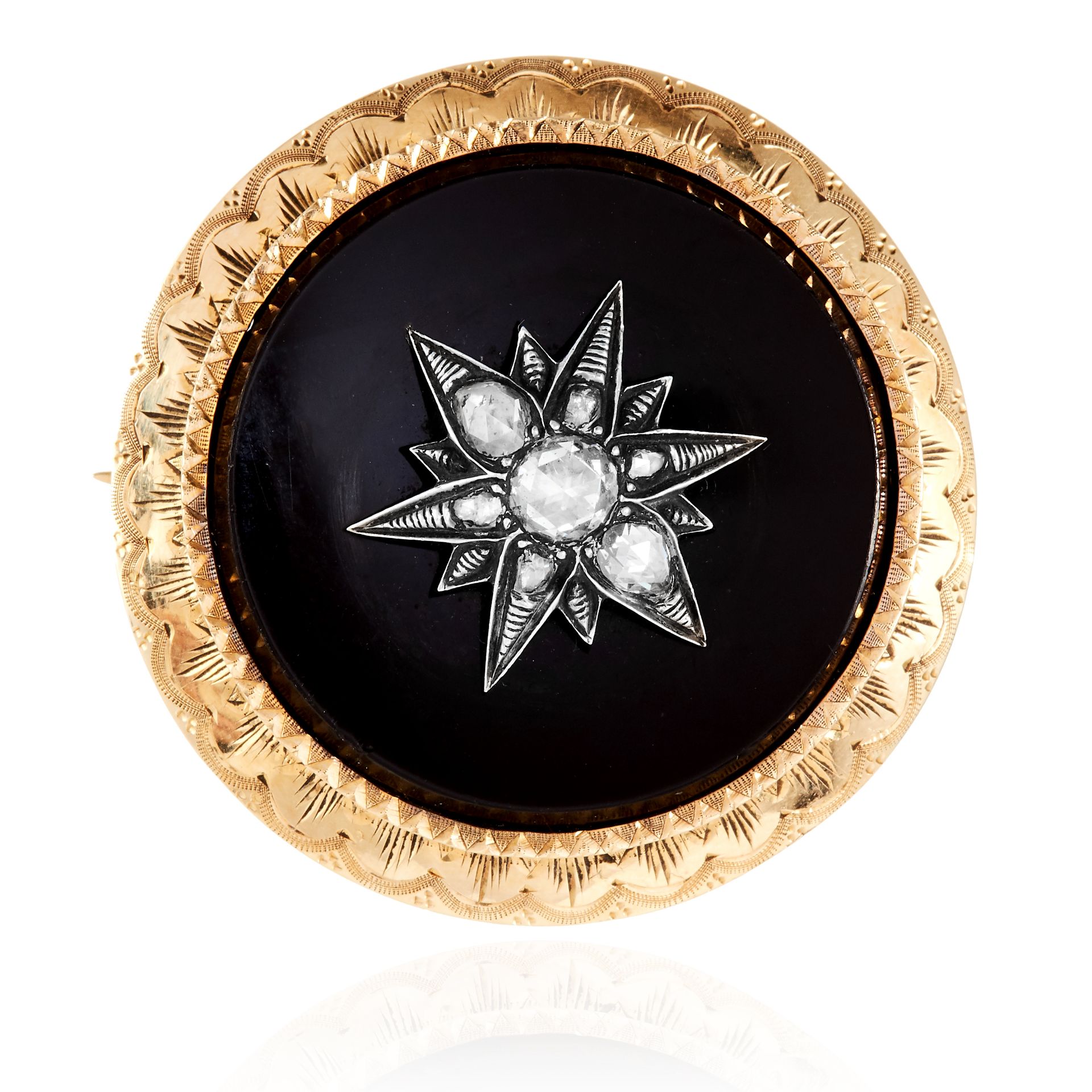 AN ANTIQUE DIAMOND AND ONYX BROOCH, 19TH CENTURY in high carat yellow gold, the circular polished