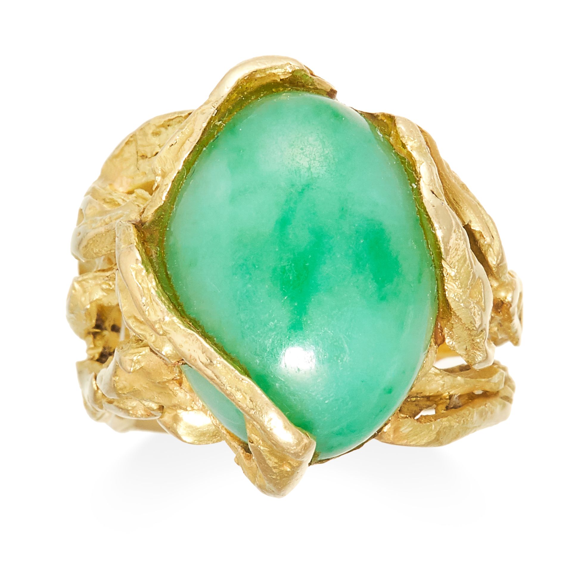 A VINTAGE JADEITE JADE DRESS RING in 18ct yellow gold, set with a polished cabochon piece of jade