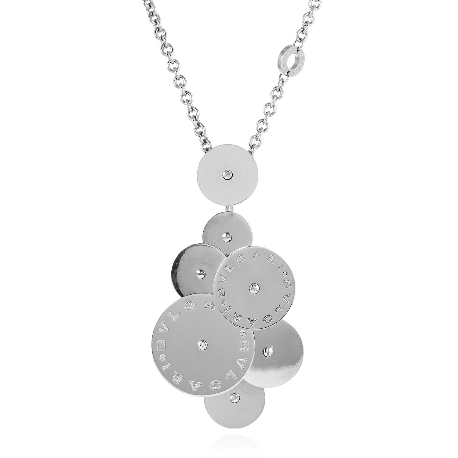AN ARTICULATED CIRCULAR PENDANT, BVLGARI in 18ct white gold, designed as seven varying size
