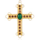 AN ANTIQUE GARNET AND CHRYSOPRASE CROSS PENDANT in yellow gold, set with an oval cabochon