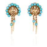 A PAIR OF TURQUOISE EARRINGS in yellow gold, each formed of thirteen cabochon turquoise,