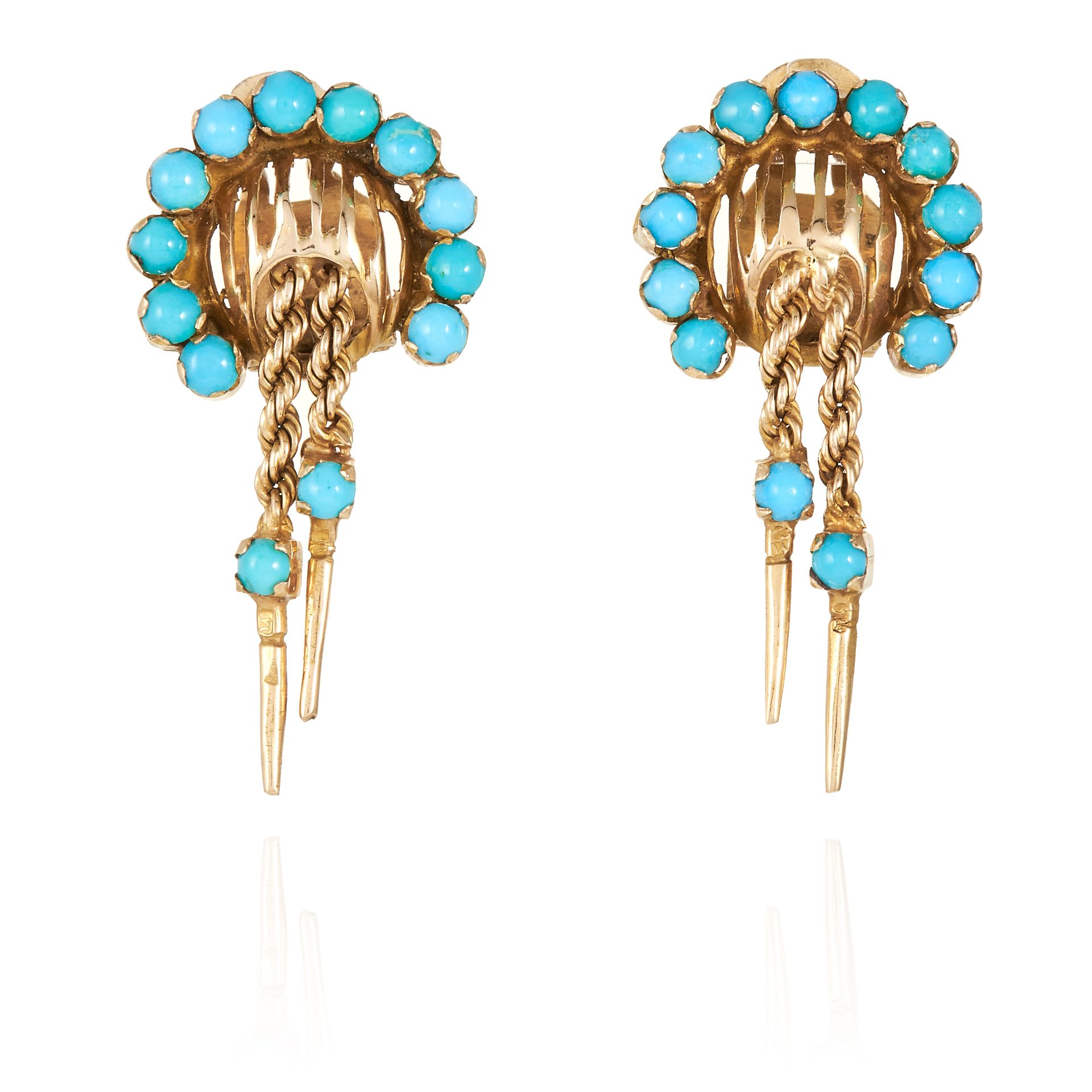 A PAIR OF TURQUOISE EARRINGS in yellow gold, each formed of thirteen cabochon turquoise,