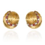 A PAIR OF VINTAGE RUBY AND DIAMOND EARRINGS in 18ct yellow gold, jewelled with alternating round cut