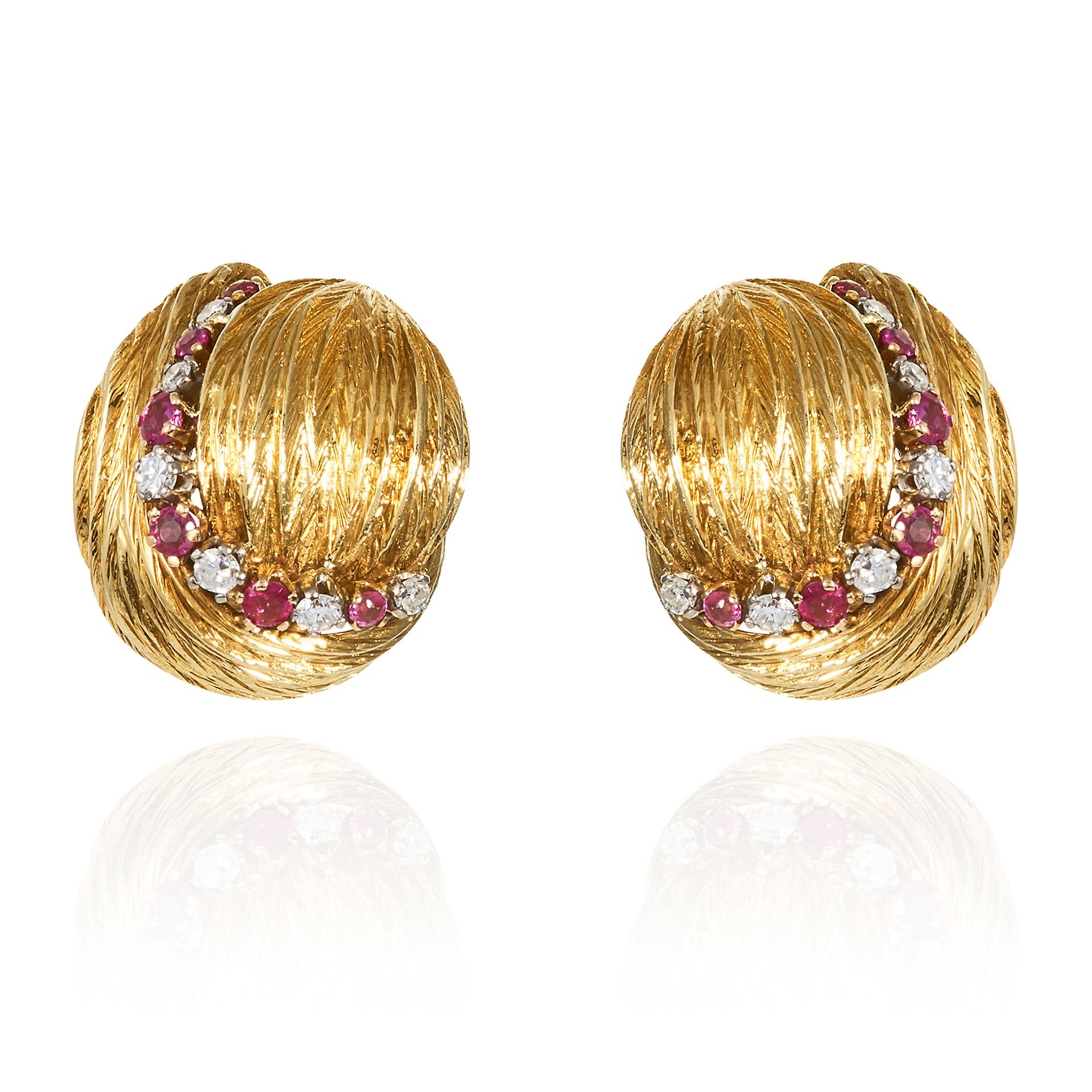 A PAIR OF VINTAGE RUBY AND DIAMOND EARRINGS in 18ct yellow gold, jewelled with alternating round cut