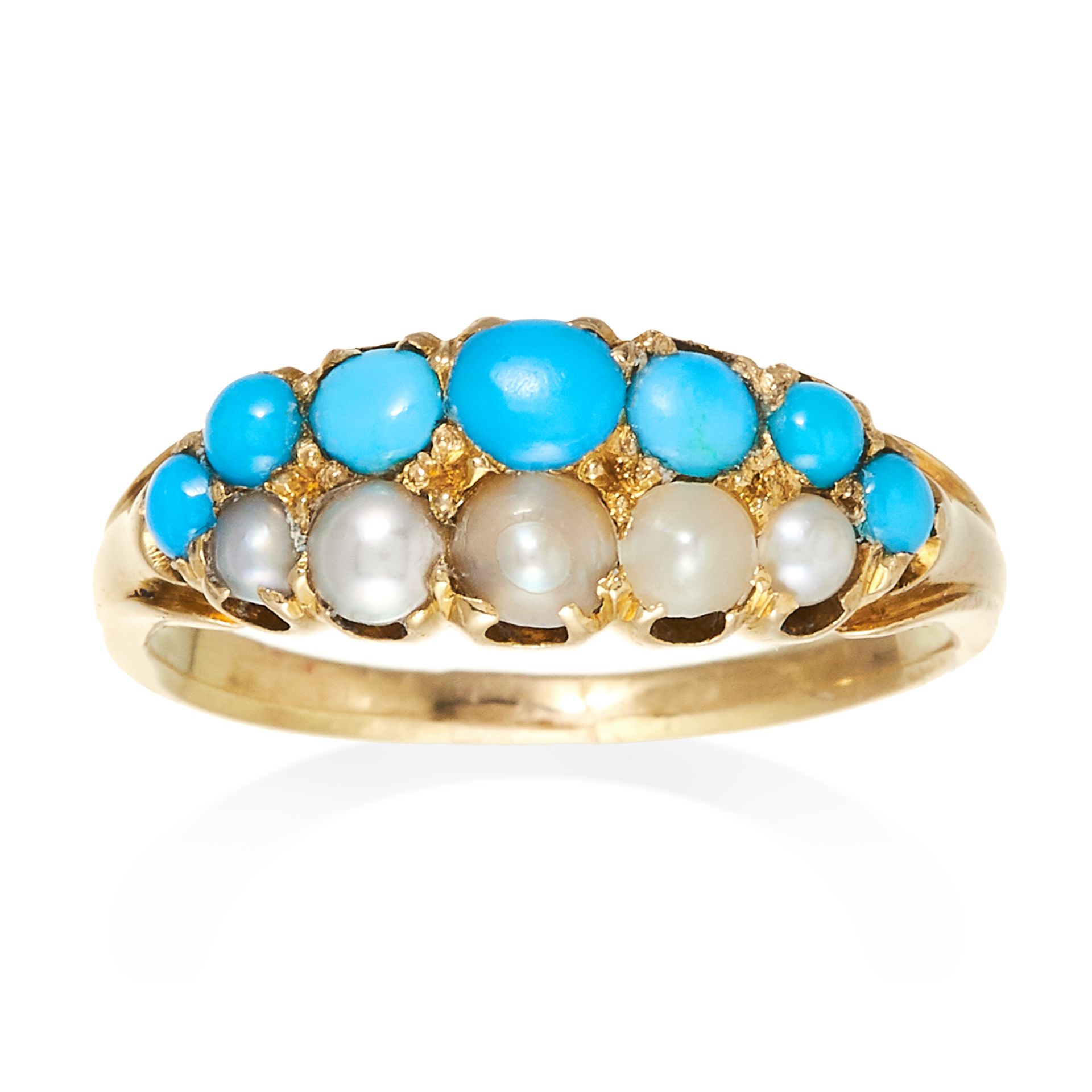 AN ANTIQUE PEARL AND TURQUOISE RING in high carat yellow gold, comprising of two rows of turquoise