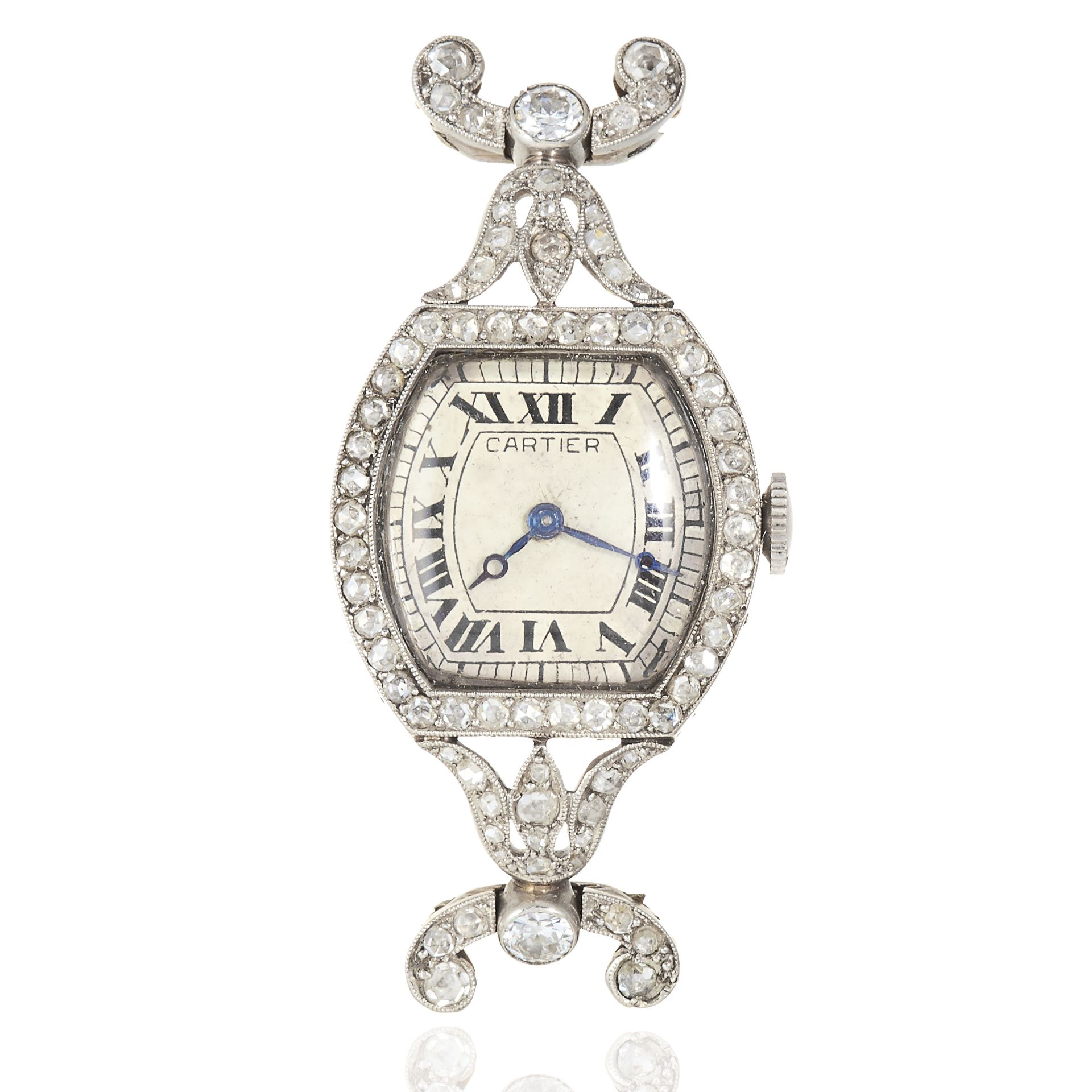 AN ART DECO DIAMOND WATCH, CARTIER in yellow gold and platinum, with foliate shoulders articulated