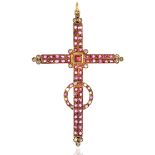 AN ANTIQUE RUBY AND DIAMOND CROSS PENDANT designed as cross and halo, jewelled with old cut rubies