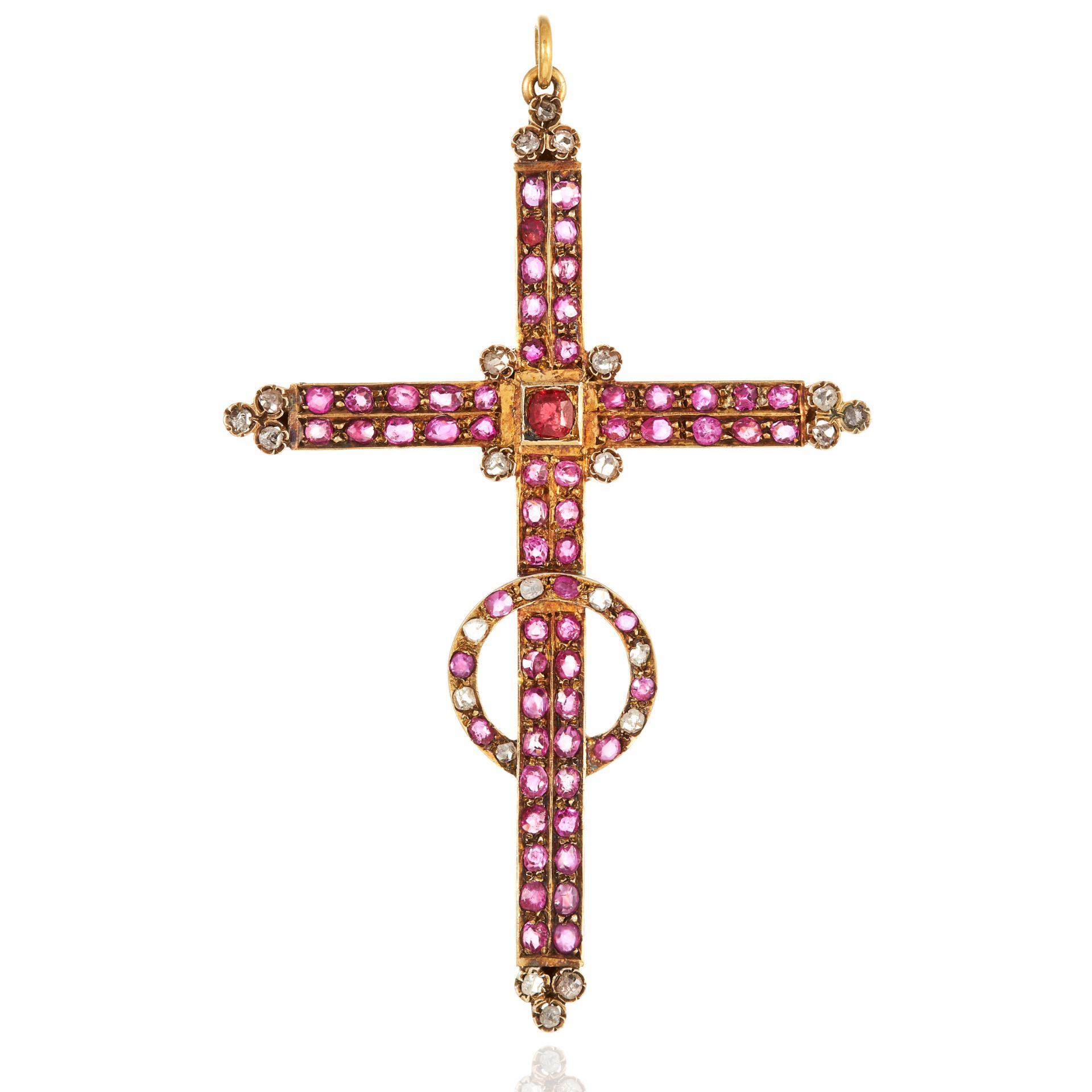 AN ANTIQUE RUBY AND DIAMOND CROSS PENDANT designed as cross and halo, jewelled with old cut rubies