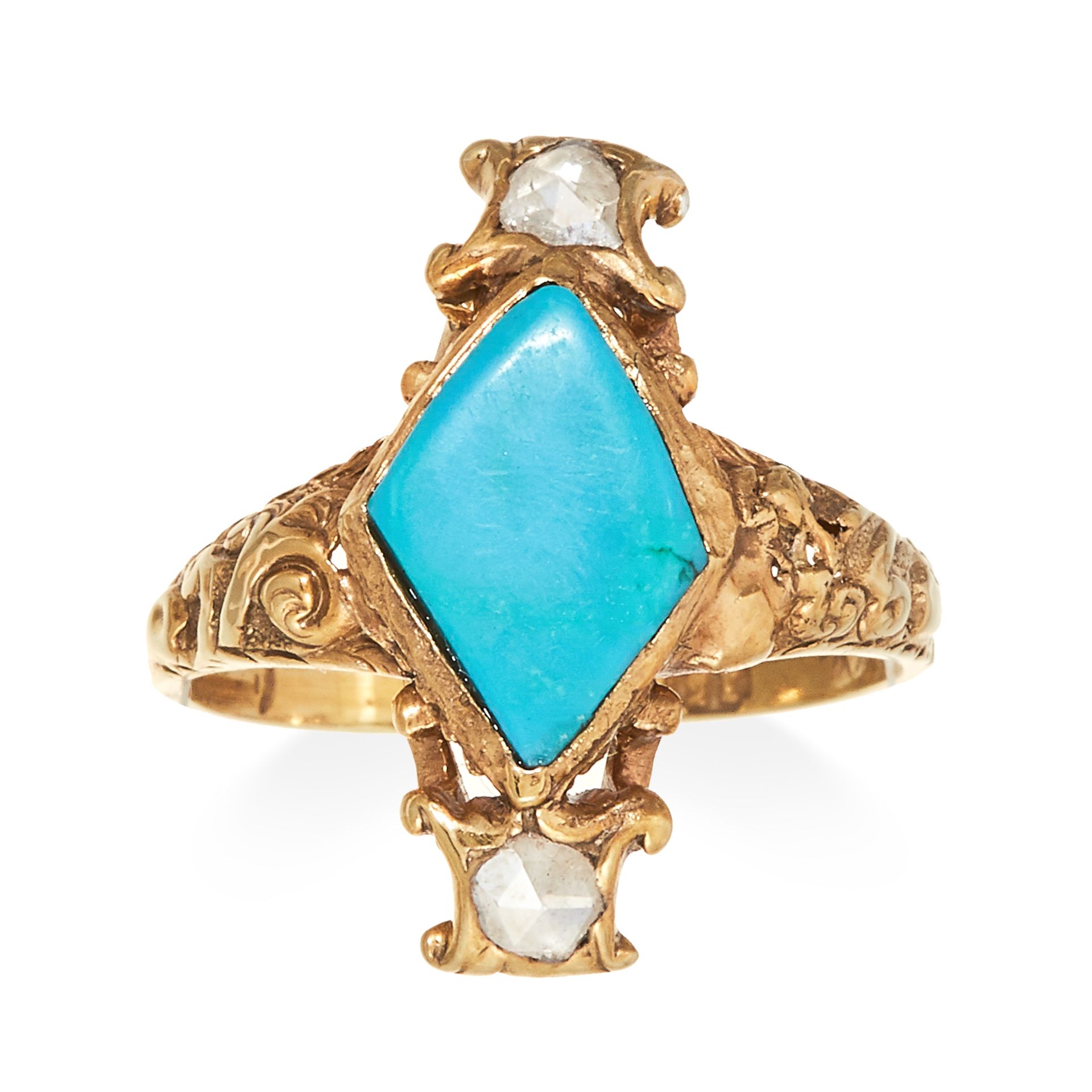 AN ANTIQUE TURQUOISE AND DIAMOND RING in 15 carat yellow gold, set with a central cabochon turquoise