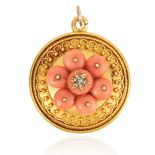 AN ANTIQUE CORAL AND DIAMOND PENDANT in high carat yellow gold, comprising of seven coral beads, set