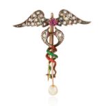 AN ANTIQUE DIAMOND, PEARL, ENAMEL AND RUBY 'CADUCEUS' BROOCH in yellow gold, comprising of snakes