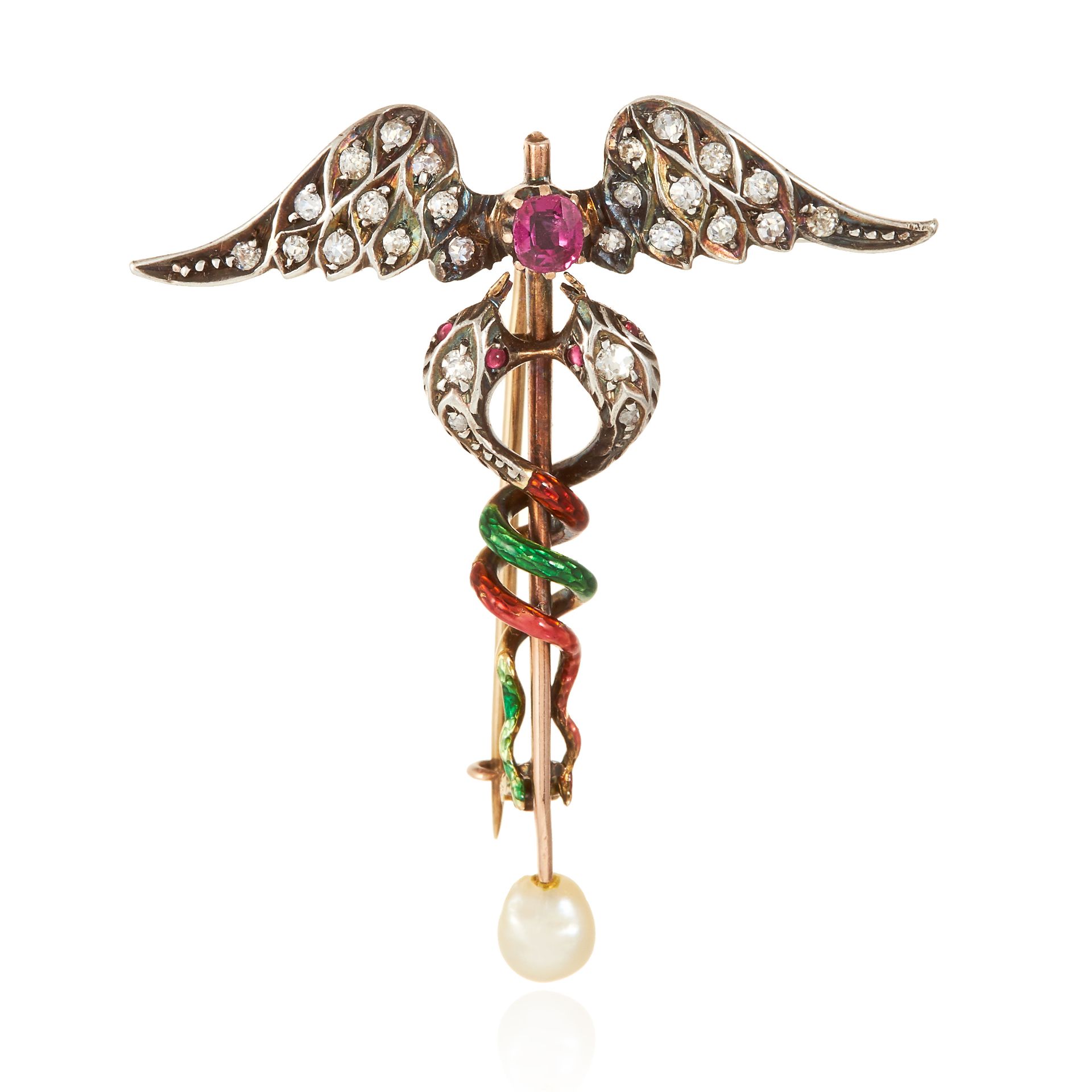 AN ANTIQUE DIAMOND, PEARL, ENAMEL AND RUBY 'CADUCEUS' BROOCH in yellow gold, comprising of snakes