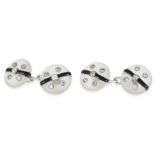 A PAIR OF ART DECO DIAMOND, ENAMEL AND ROCK CRYSTAL CUFFLINKS in gold or platinum, each with a