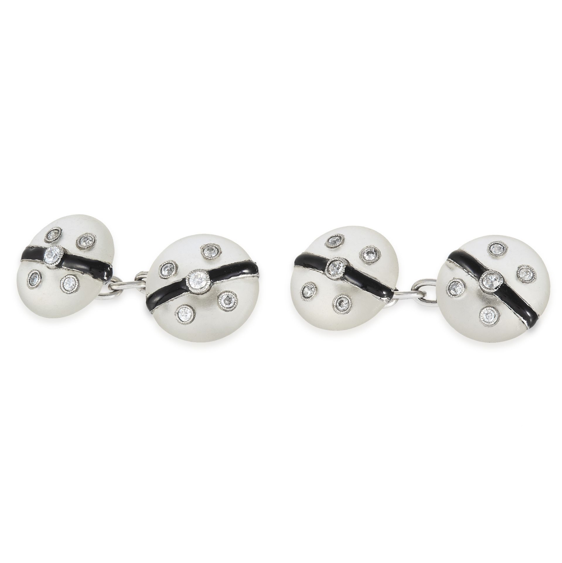 A PAIR OF ART DECO DIAMOND, ENAMEL AND ROCK CRYSTAL CUFFLINKS in gold or platinum, each with a