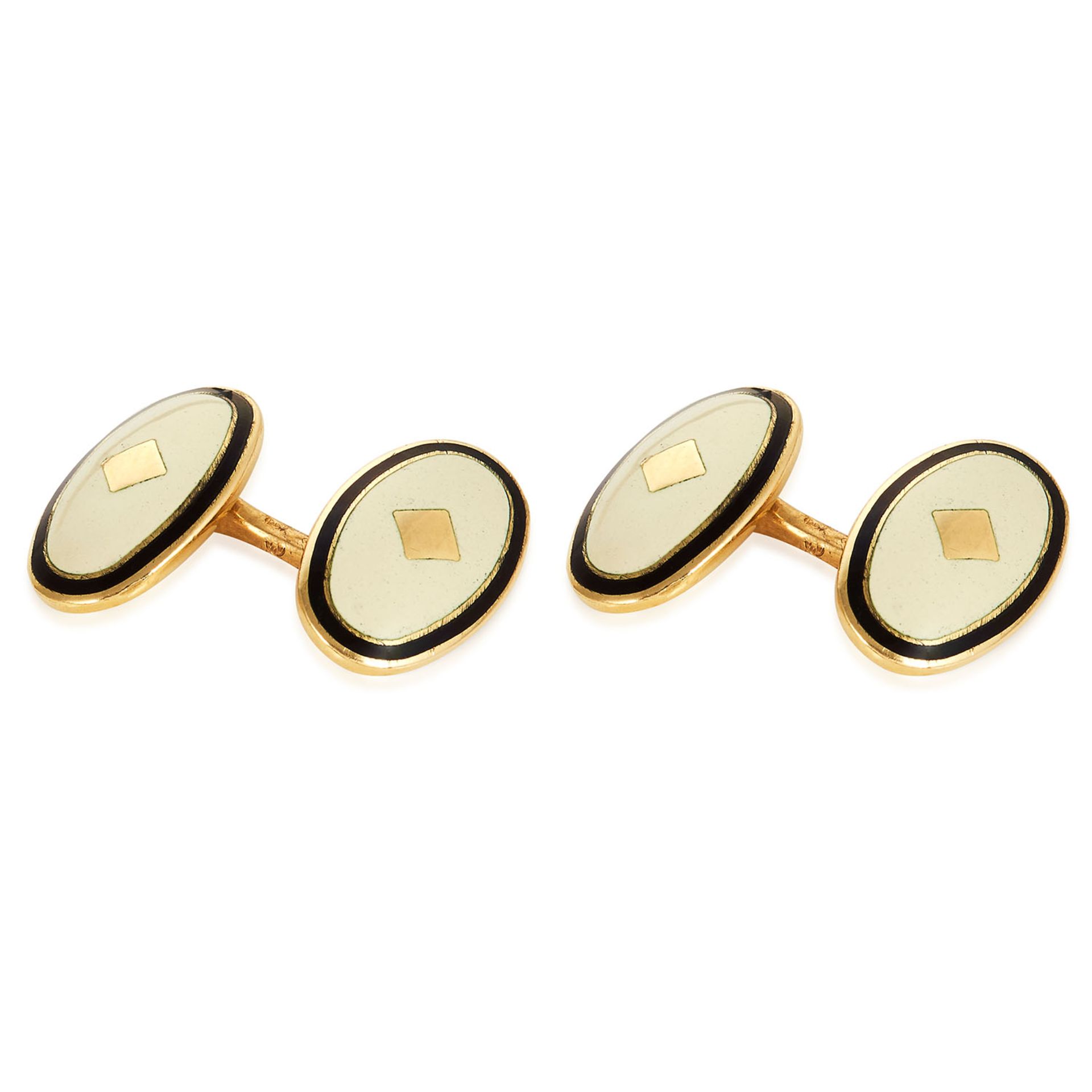 A PAIR OF VINTAGE BLACK AND WHITE ENAMEL CUFFLINKS in 18ct yellow gold, each formed of two oval
